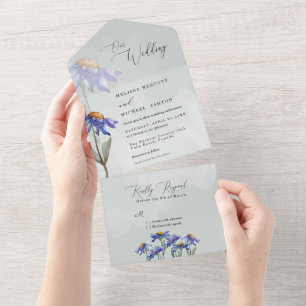 Sage Green Purple Watercolor Daisy Modern Wedding All In One Invitation