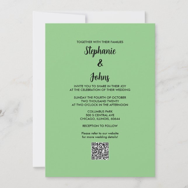 Sage Green QR Code Black Script Simple Wedding Invitation (Front)