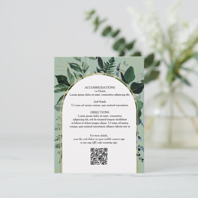 Sage Green QR code Botanical wedding details card  (Standing Front)