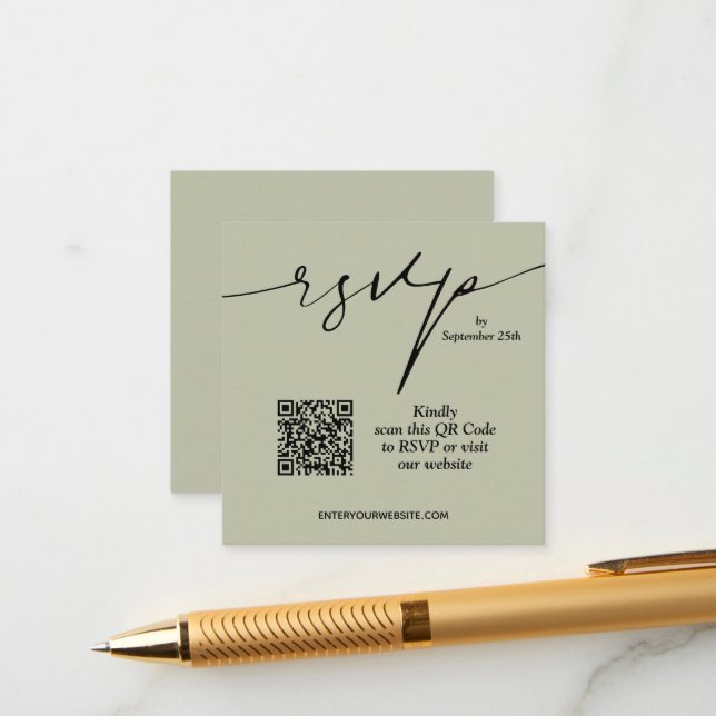 Sage Green QR Code Minimalist RSVP Wedding Website Enclosure Card (Front/Back In Situ)