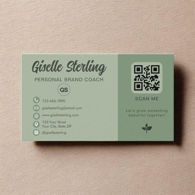 Sage Green QR Code Monogram Social Media  Business Card (Creator Uploaded)