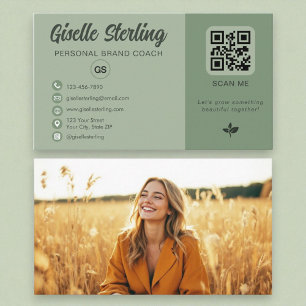 Sage Green QR Code Photo Monogram Social Media  Business Card
