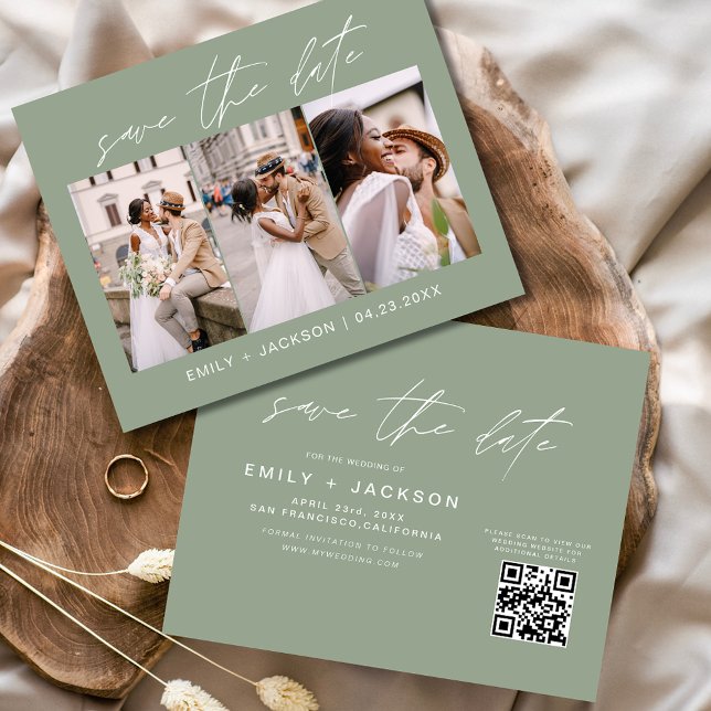 Sage Green QR Code - Save the Date 3 Photo Flyer (Creator Uploaded)