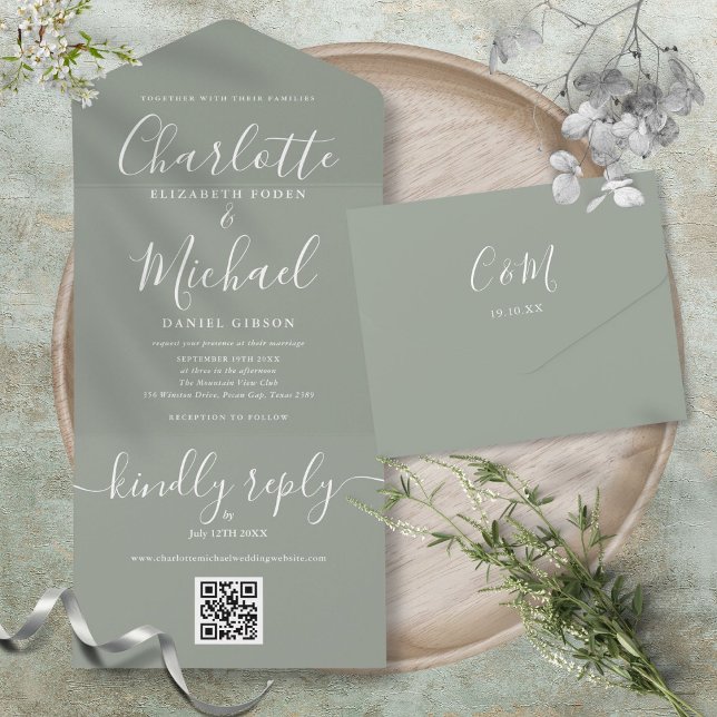 Sage Green QR Code Script Minimalist Wedding All In One Invitation (Sage Green QR Code Script Minimalist Wedding All In One Invitation)