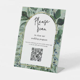 Sage Green, QR code wedding programs greenery Pedestal Sign