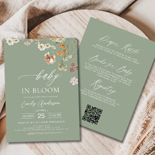 Sage Green QR Code Wildflower Baby in Bloom Invitation