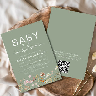 Sage Green QR Code Wildflower Baby in Bloom Shower Invitation