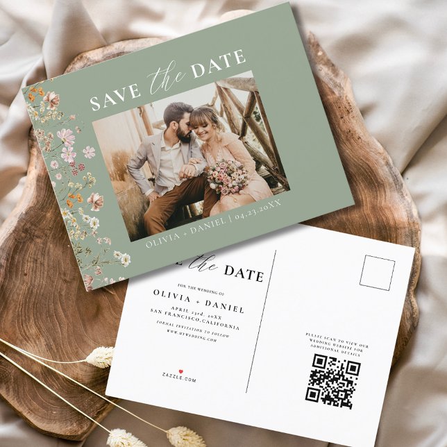 Sage Green QR Code Wildflower Floral Wedding Announcement Postcard (Creator Uploaded)