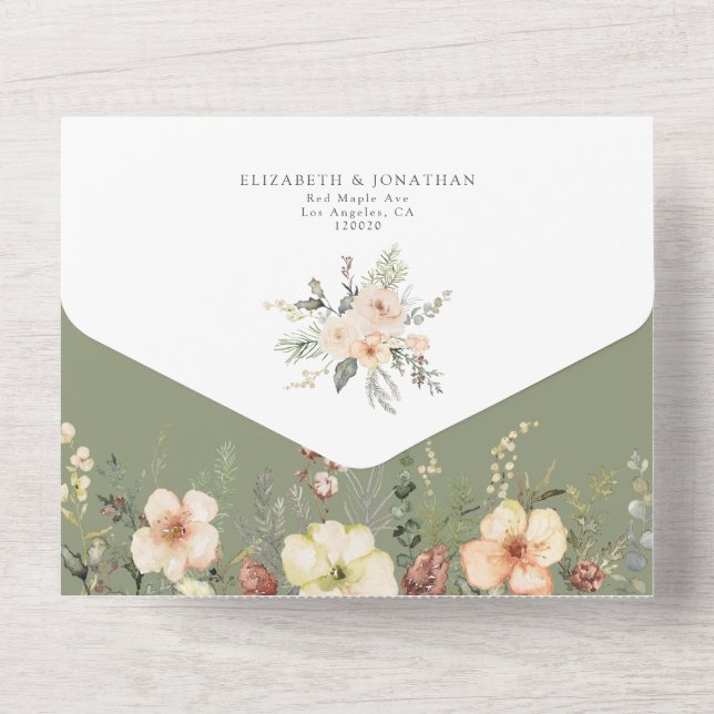 Sage Green QR RSVP Floral Gold Foil Winter Wedding All In One Invitation (Back)