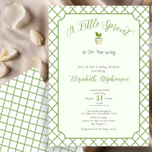 Sage Green Quatrefoil Little Sprout Baby Shower Invitation