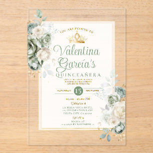 Sage Green Quinceañera 15 Anos Flowers Gold Crown Acrylic Invitations