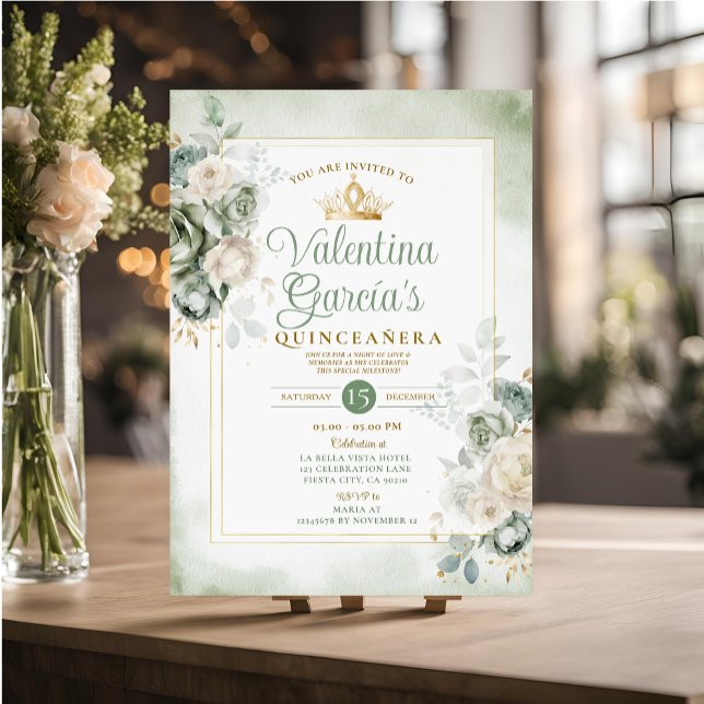 Sage Green Quinceañera 15 Anos Flowers Gold Crown Invitation (Creator Uploaded)