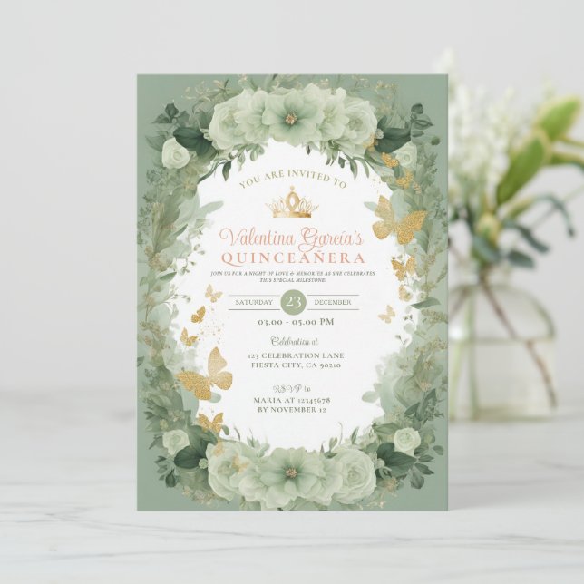 Sage Green Quinceañera 15 Anos  Invitation (Standing Front)