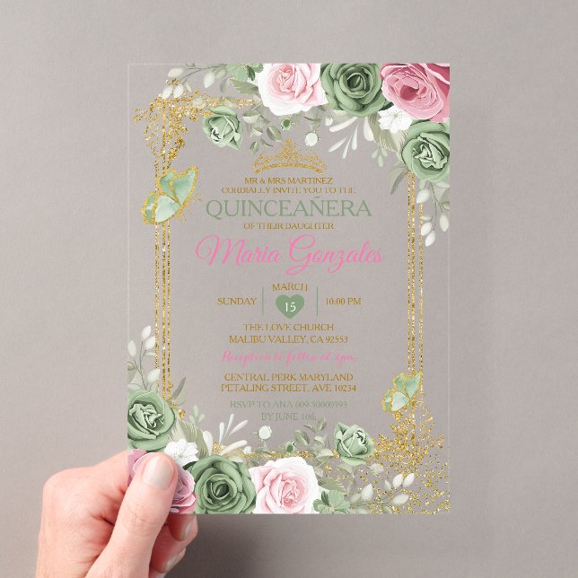 Sage Green Quinceañera Pink Gold Crown Butterfly Acrylic Invitations (Insitu (Handheld))