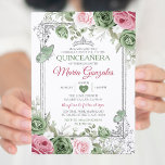 Sage Green Quinceañera Pink Silver Crown Butterfly Invitation<br><div class="desc">Pink Quinceañera Sage Green & Silver Crown Mexican Butterfly Invitation
Mis Quince 15 Anos,  16th Birthday, </div>