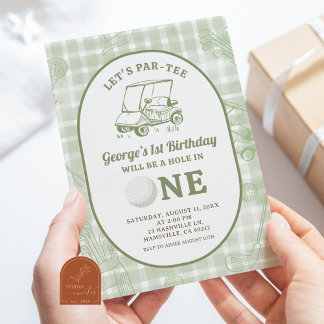 Sage Green Quirky Gingham Golf First Birthday  Invitation