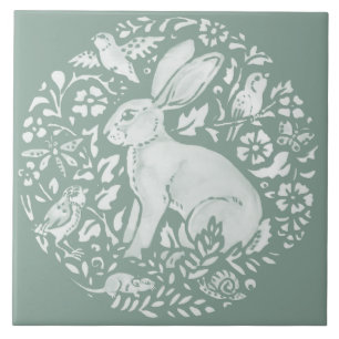 Sage Green Rabbit Hare Forest Creatures Circle  Tile