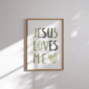 Sage green rainbow Jesus loves me poster