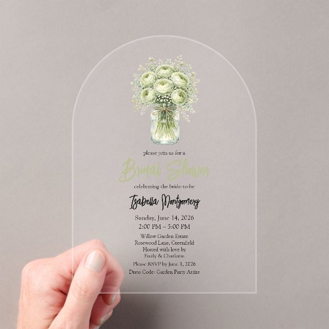 Sage Green Ranunculus Mason Jar Bridal Shower Acrylic Invitations (Insitu (Handheld))