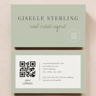 Sage Green Real Estate Agent Logo QR Code Business Card