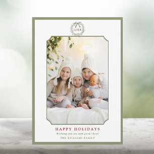 Sage Green & Red Minimal Happy Holidays Photo  Holiday Card
