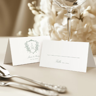 Sage Green Regency Floral Crest Monogram Wedding Place Card