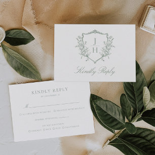 Sage Green Regency Floral Crest Monogram Wedding RSVP Card