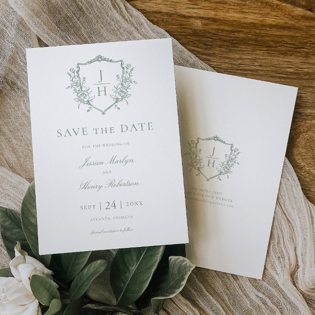 Sage Green Regency Floral Crest Monogram Wedding  Save The Date (Creator Uploaded)