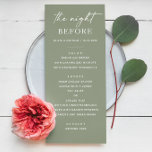 Sage Green Rehearsal Dinner. Night Before Template<br><div class="desc">Elegant minimalist sage green rehearsal dinner menu for the night before the wedding. Perfect for woodland,  botanical,  or summer themed weddings,  this editable pastel design can be personalized for your special event. Dusty green template is ideal for rustic and outdoor celebrations. Matching wedding stationery available in my store.</div>