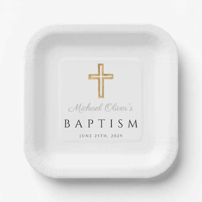 Sage Green Religious Cross Boy Baptism Paper Plate (Front)