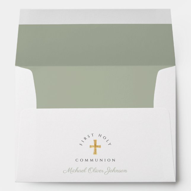 Sage Green Religious Cross Boy First Communion Envelope (Back (Bottom))