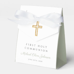 Sage Green Religious Cross Boy First Communion Favor Box