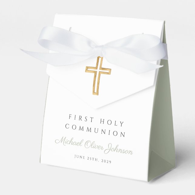 Sage Green Religious Cross Boy First Communion Favor Box (Front Side)