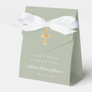 Sage Green Religious Cross Boy First Communion Favor Box