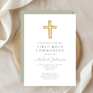 Sage Green Religious Cross Boy First Communion Invitation