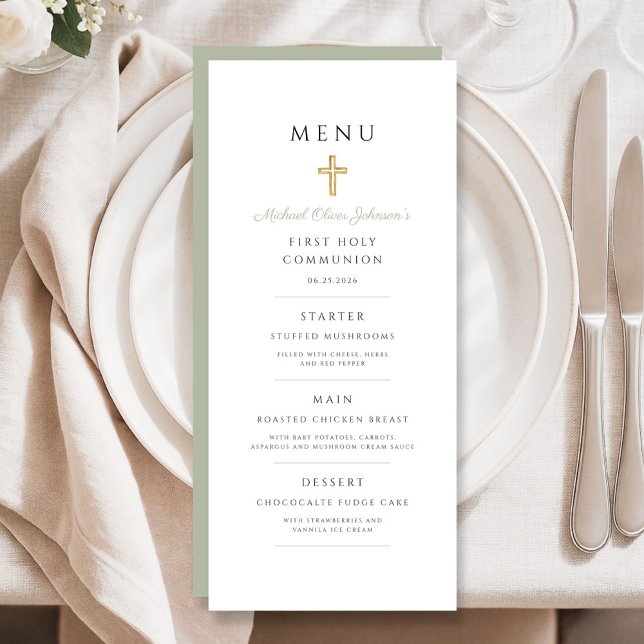 Sage Green Religious Cross Boy First Communion Menu (Sage Green Religious Cross Boy First Communion Menu)