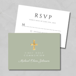 Sage Green Religious Cross First Communion RSVP Card