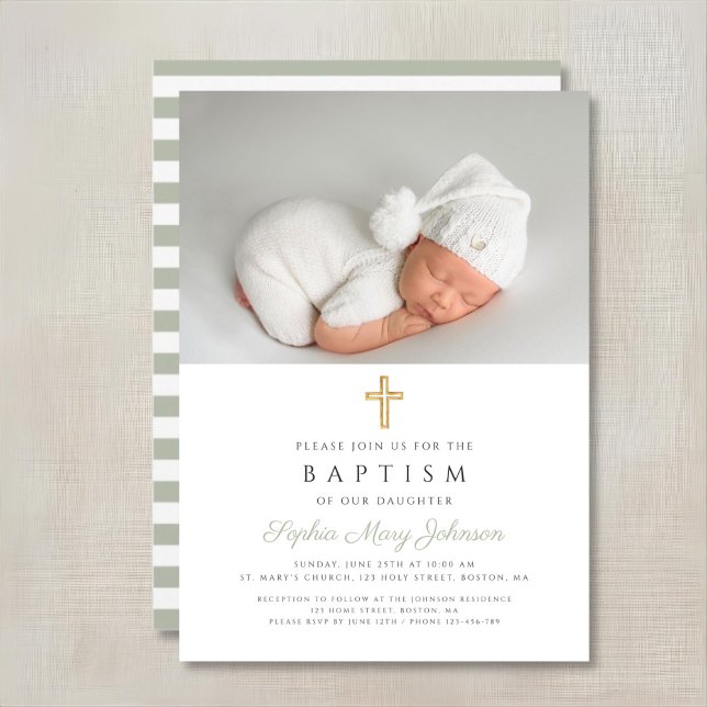  Sage Green Religious Cross Photo Baptism Invitation (Sage Green Religious Cross Stripes Photo Baptism Invitation)