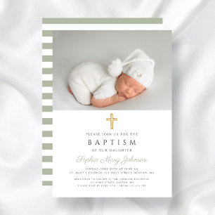  Sage Green Religious Cross Photo Baptism Invitation