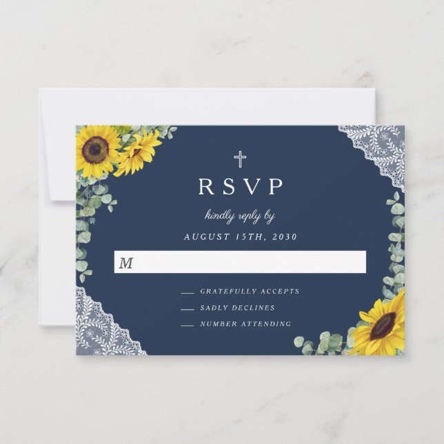 Sage Green Religious Cross Sunflower Wedding  RSVP Card (Front)