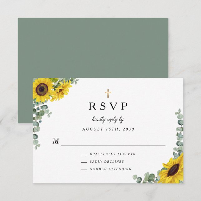 Sage Green Religious Cross Sunflower Wedding  RSVP Card (Front/Back)