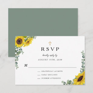 Sage Green Religious Cross Sunflower Wedding  RSVP Card
