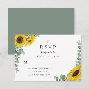 Sage Green Religious Cross Sunflower Wedding  RSVP Card