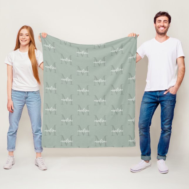 Sage Green Repeating Monogram Personalized Name Fleece Blanket (In Situ)