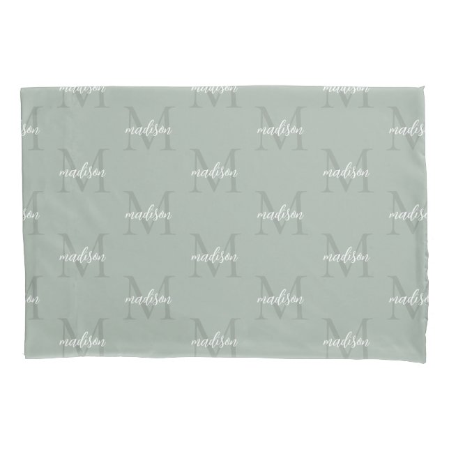Sage Green Repeating Monogram Personalized Name Pillowcase (Front)
