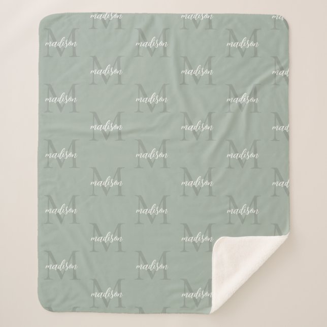 Sage Green Repeating Monogram Personalized Name Sherpa Blanket (Front)