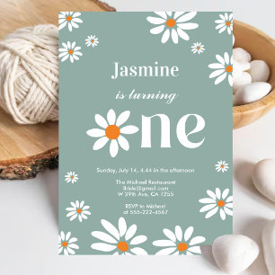Sage Green Retro Groovy Daisy Florals 1st Birthday Invitation