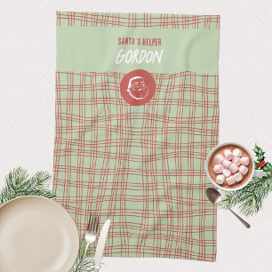 Sage Green Retro Plaid Santa Helper Christmas Kitchen Towel