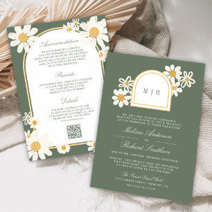 Sage Green Retro Yellow Daisy All in One Wedding Invitation