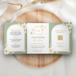 Sage Green Retro Yellow Daisy All in One Wedding Tri-Fold Invitation